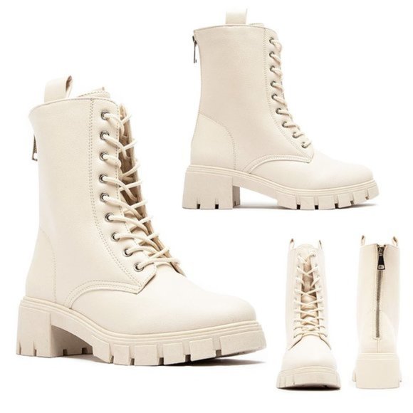 NEW Laced Up Lug Sole Zipper Back Faux Leather Combat Boots Booties Stone Ivory - Picture 10 of 10